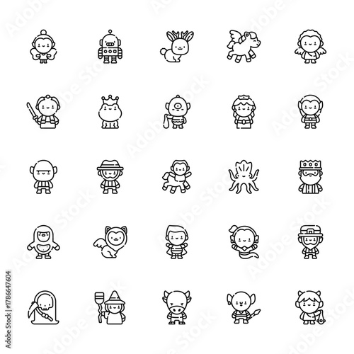 25 set of outline web fantastic characters icons such as robot, samurai, ogre, bigfoot, grim reaper vector thin icons for report, presentation, diagram, web design, mobile app