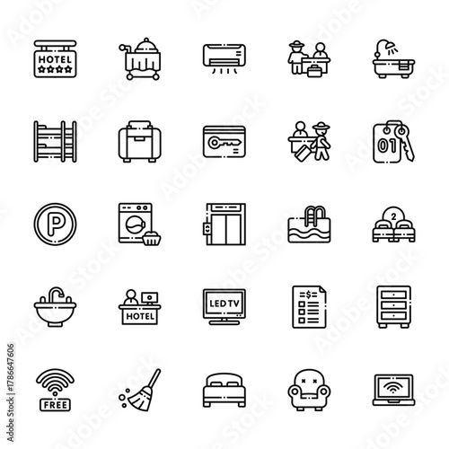 25 set of outline web hotel icons such as room service, bunk bed, parking, sink, wifi vector thin icons for report, presentation, diagram, web design, mobile app