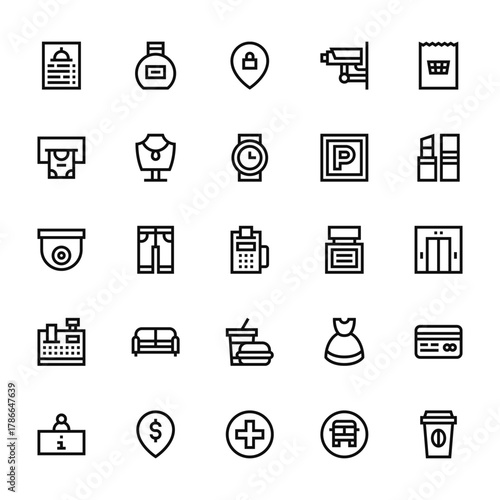 25 set of outline web mall icons such as perfume, cash, security camera, cash register, information vector thin icons for report, presentation, diagram, web design, mobile app
