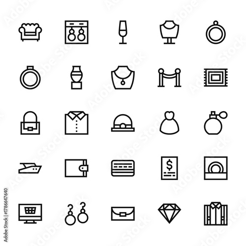 25 set of outline web luxury shop icons such as earrings, ring, handbag, yatch, shopping online vector thin icons for report, presentation, diagram, web design, mobile app
