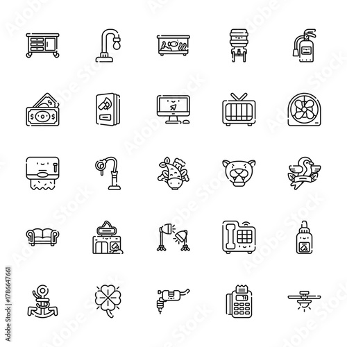 25 set of outline web tattoo studio icons such as water tap, dollar, paper towel, sofa, anchor vector thin icons for report, presentation, diagram, web design, mobile app