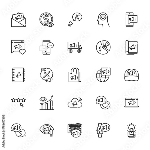 25 set of outline web advertisement icons such as dollar, comment, contact book, rating, cost vector thin icons for report, presentation, diagram, web design, mobile app