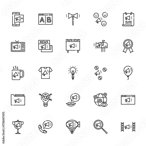 25 set of outline web advertisement icons such as test, tv, mug, data, prize vector thin icons for report, presentation, diagram, web design, mobile app