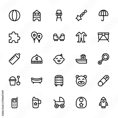 25 set of outline web baby icons such as construction, puzzle, feeding bottle, bucket, walkie talkie vector thin icons for report, presentation, diagram, web design, mobile app
