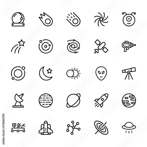25 set of outline web space icons such as meteor, shooting star, orbit, radar, rover vector thin icons for report, presentation, diagram, web design, mobile app