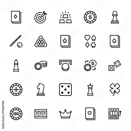 25 set of outline web casino icons such as dartboard, billiard, bishop, roulette, bet vector thin icons for report, presentation, diagram, web design, mobile app
