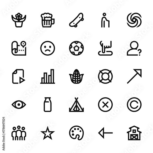 25 set of outline web miscellaneous icons such as beer, map, video file, eye, group vector thin icons for report, presentation, diagram, web design, mobile app