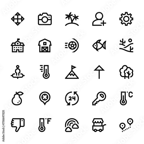 25 set of outline web miscellaneous icons such as photo camera, school, position, pear, thumb down vector thin icons for report, presentation, diagram, web design, mobile app