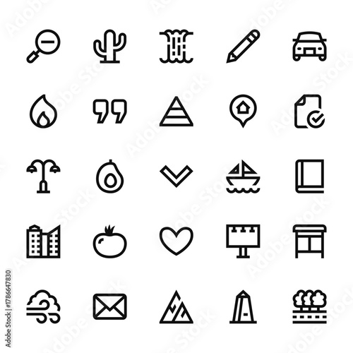 25 set of outline web miscellaneous icons such as cactus, fire, street light, skyscraper, windy vector thin icons for report, presentation, diagram, web design, mobile app