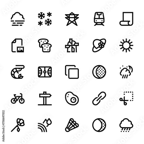25 set of outline web miscellaneous icons such as snowflake, image, shrimp, bicycle, poppy vector thin icons for report, presentation, diagram, web design, mobile app
