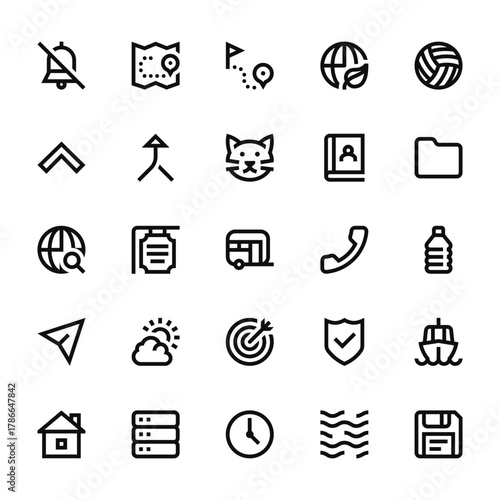 25 set of outline web miscellaneous icons such as map, up chevron, internet, cursor, house vector thin icons for report, presentation, diagram, web design, mobile app