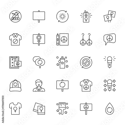 25 set of outline web activist icons such as  , tshirt, peace, baseball cap, tshirt vector thin icons for report, presentation, diagram, web design, mobile app