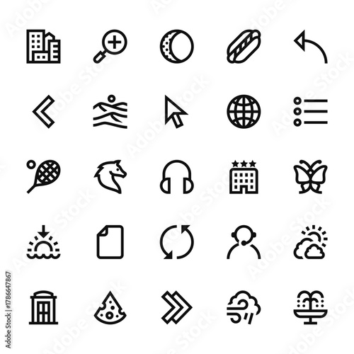 25 set of outline web miscellaneous icons such as zoom in, left chevron, tennis, sun, phone booth vector thin icons for report, presentation, diagram, web design, mobile app