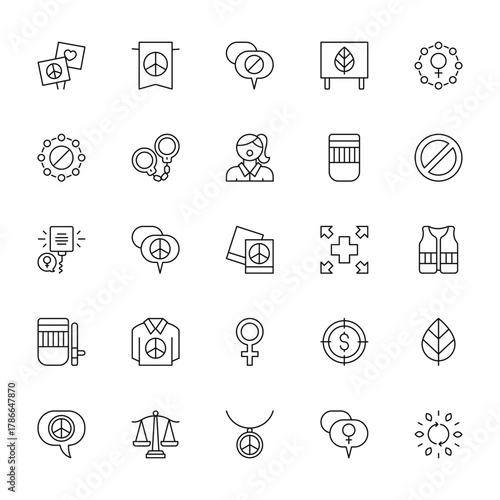 25 set of outline web activist icons such as banner, prohibition, microphone, riot, peace vector thin icons for report, presentation, diagram, web design, mobile app