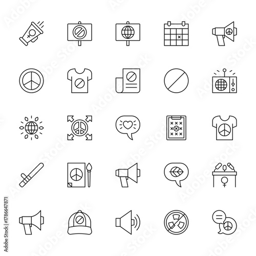 25 set of outline web activist icons such as prohibition, peace, ecology, baton, megaphone vector thin icons for report, presentation, diagram, web design, mobile app