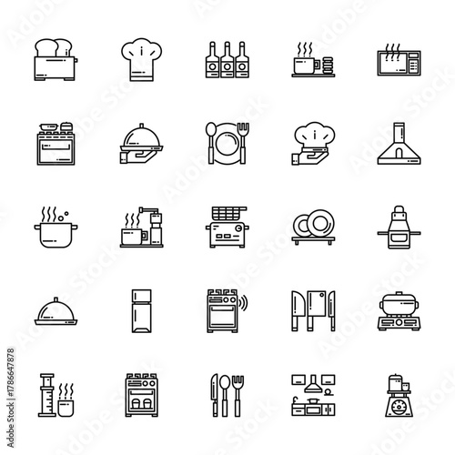 25 set of outline web kitchen icons such as chef, stove, pot, tray, aeropress vector thin icons for report, presentation, diagram, web design, mobile app