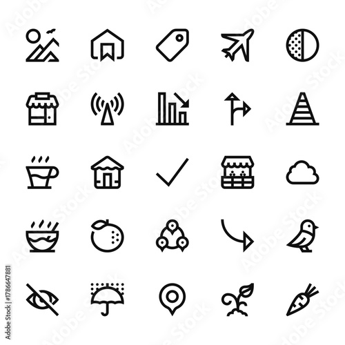 25 set of outline web miscellaneous icons such as bookmark, shop, coffee cup, soup, hide vector thin icons for report, presentation, diagram, web design, mobile app