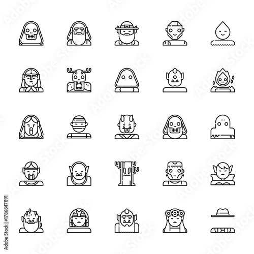 25 set of outline web fantastic characters icons such as wizard, witch, banshee, genie, troll vector thin icons for report, presentation, diagram, web design, mobile app