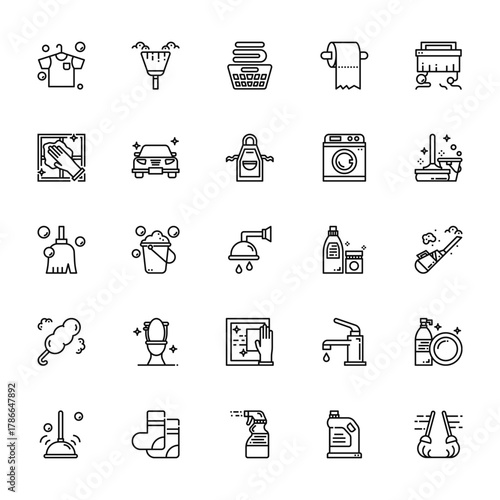 25 set of outline web hygiene icons such as broom, cleaning, broom, duster, plunger vector thin icons for report, presentation, diagram, web design, mobile app