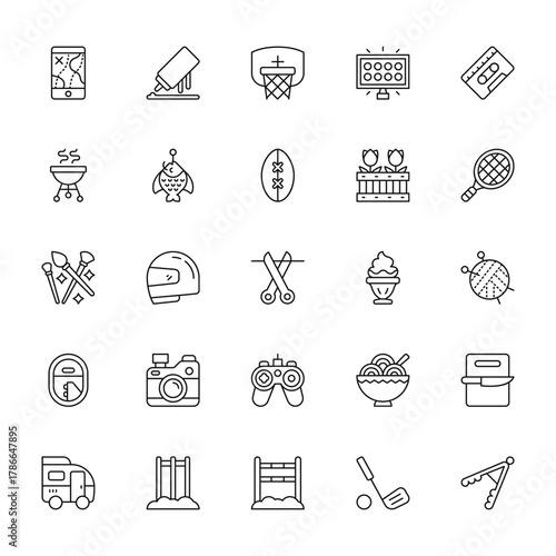 25 set of outline web hobbies icons such as sauce,  , art, plane, caravan vector thin icons for report, presentation, diagram, web design, mobile app