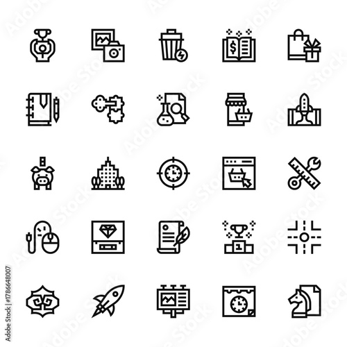 25 set of outline web startup icons such as photography, notebook, piggy bank, pay per click, fight vector thin icons for report, presentation, diagram, web design, mobile app