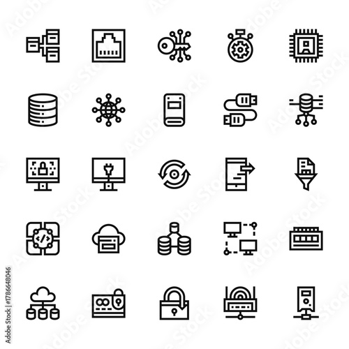 25 set of outline web database and servers icons such as ethernet, database, data, system, distributed vector thin icons for report, presentation, diagram, web design, mobile app