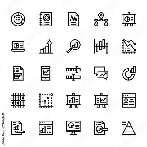 25 set of outline web analytics icons such as analytics, laptop, analytics, vector thin icons for report, presentation, diagram, web design, mobile app