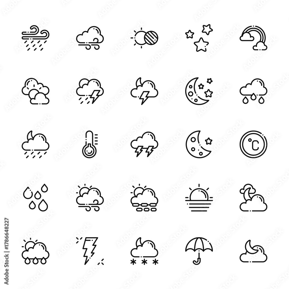 Fototapeta premium 25 set of outline web weather icons such as wind, cloudy day, slight rain, raindrops, rainy vector thin icons for report, presentation, diagram, web design, mobile app