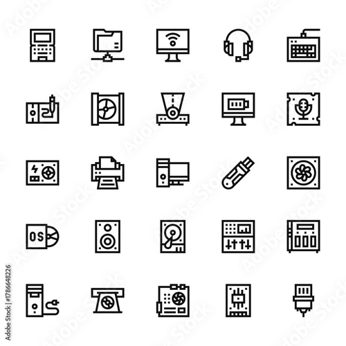25 set of outline web computer icons such as folder, pen, power, operating system, pc vector thin icons for report, presentation, diagram, web design, mobile app