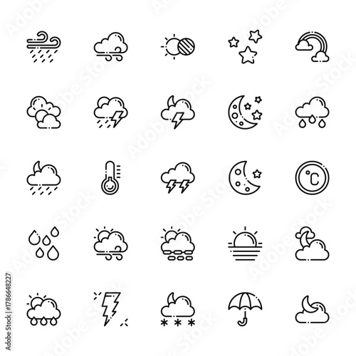 25 set of outline web weather icons such as wind, cloudy day, slight rain, raindrops, rainy vector thin icons for report, presentation, diagram, web design, mobile app