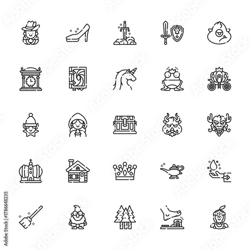 25 set of outline web fairytale icons such as cinderella shoe, clock, elf, crown, broom vector thin icons for report, presentation, diagram, web design, mobile app