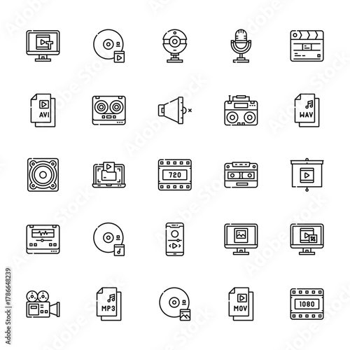 25 set of outline web audio and video icons such as cd, video, speaker, audio editor, camera vector thin icons for report, presentation, diagram, web design, mobile app