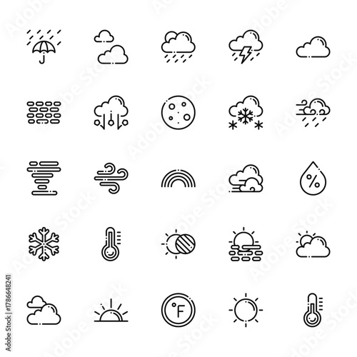 25 set of outline web weather icons such as cloudy, haze, tornado, snowflake, cloudy vector thin icons for report, presentation, diagram, web design, mobile app
