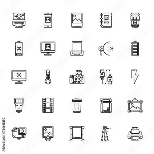 25 set of outline web photography icons such as smartphone, battery, computer, flash, action camera vector thin icons for report, presentation, diagram, web design, mobile app