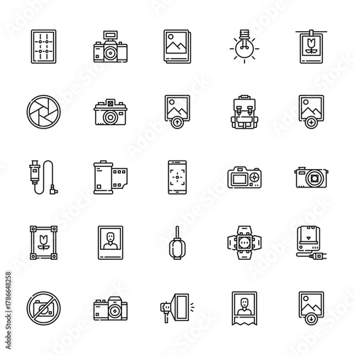 25 set of outline web photography icons such as camera, lens, cable, frame, no photo vector thin icons for report, presentation, diagram, web design, mobile app
