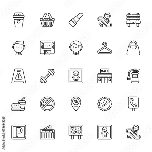 25 set of outline web mall icons such as shopping basket, security, wet floor, food, parking vector thin icons for report, presentation, diagram, web design, mobile app