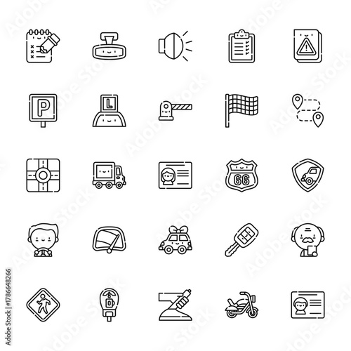 25 set of outline web driving school icons such as rearview mirror, parking, street, driving, crosswalk vector thin icons for report, presentation, diagram, web design, mobile app