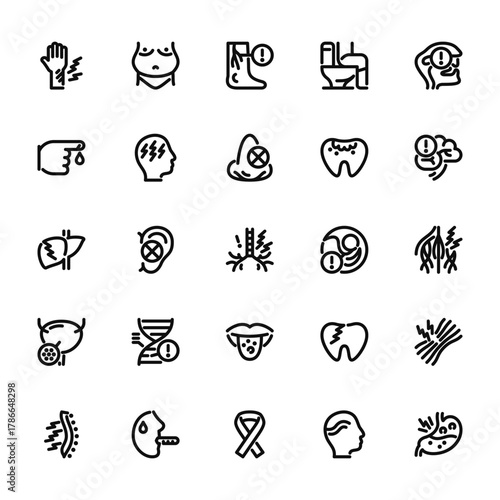 25 set of outline web disease icons such as obesity, wound, cirrhosis, cystitis, radiculitis vector thin icons for report, presentation, diagram, web design, mobile app
