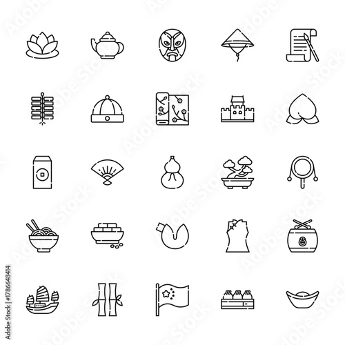 25 set of outline web china icons such as teapot, firecrackers, envelope, noodles, ship vector thin icons for report, presentation, diagram, web design, mobile app