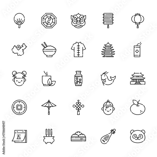 25 set of outline web china icons such as yin yang, china, girl, coin, calendar vector thin icons for report, presentation, diagram, web design, mobile app