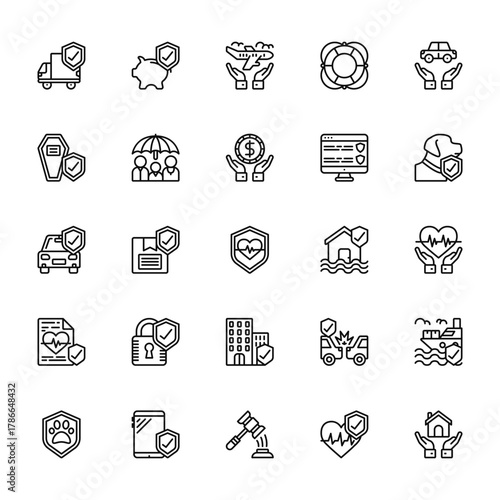 25 set of outline web insurance icons such as savings, funeral, car insurance, life insurance, pet vector thin icons for report, presentation, diagram, web design, mobile app