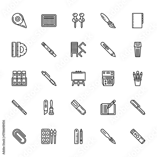 25 set of outline web stationery icons such as matches, ruler, folder, pen, paperclip vector thin icons for report, presentation, diagram, web design, mobile app