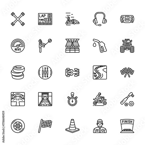 25 set of outline web motor sports icons such as lap, fuel, tyre, starting line, tyre vector thin icons for report, presentation, diagram, web design, mobile app