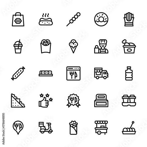25 set of outline web take away icons such as hot dog, frappe, sausage, sandwich, placeholder vector thin icons for report, presentation, diagram, web design, mobile app