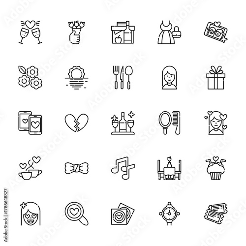 25 set of outline web date night icons such as bouquet, flowers, meeting, coffee, girl vector thin icons for report, presentation, diagram, web design, mobile app