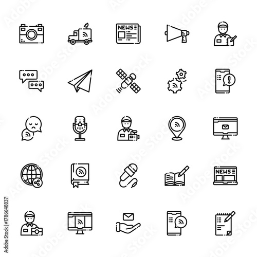 25 set of outline web news journal icons such as truck, chat, chat, worldwide, photographer vector thin icons for report, presentation, diagram, web design, mobile app