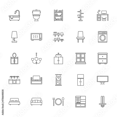 25 set of outline web furniture icons such as toilet, lamp, dressing table, kitchen cabinet, double bed vector thin icons for report, presentation, diagram, web design, mobile app
