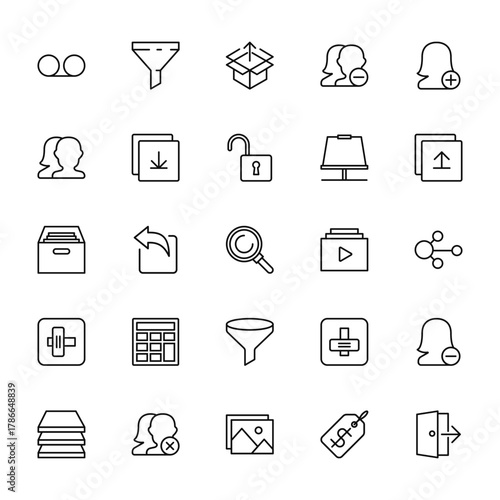 25 set of outline web essentials icons such as filter, friends, cabinet, knob, layers vector thin icons for report, presentation, diagram, web design, mobile app