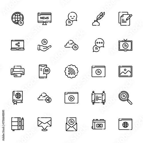 25 set of outline web news journal icons such as monitor, laptop, printer, book, notebook vector thin icons for report, presentation, diagram, web design, mobile app