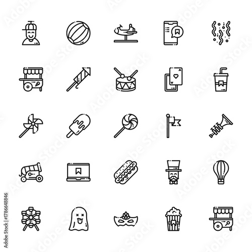 25 set of outline web fair icons such as ball, stand, windmill, cannon, wheel vector thin icons for report, presentation, diagram, web design, mobile app